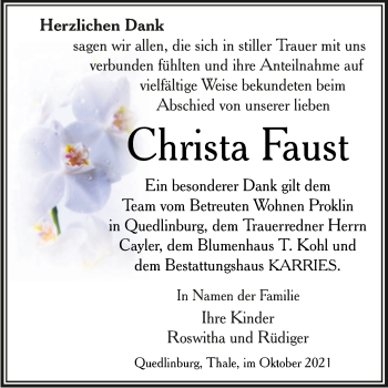 Traueranzeige von Christa Faust von Trauerkombi Quedlinburg
