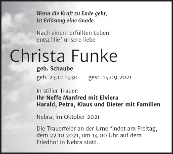Traueranzeige von Christa Funke von Wochenspiegel Naumburg/Nebra