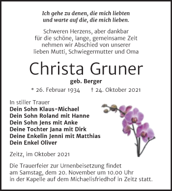 Traueranzeige von Christa Gruner von Trauerkombi Zeitz