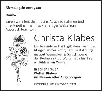 Traueranzeige von Christa Klabes von Trauerkombi Bernburg