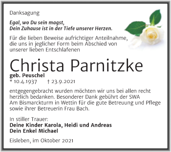 Traueranzeige von Christa Parnitzke von Trauerkombi Mansfelder Land
