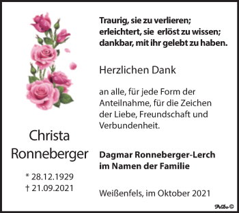 Traueranzeige von Christa Ronneberger von Trauerkombi Weißenfels