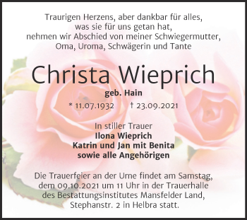 Traueranzeige von Christa Wieprich von Trauerkombi Mansfelder Land