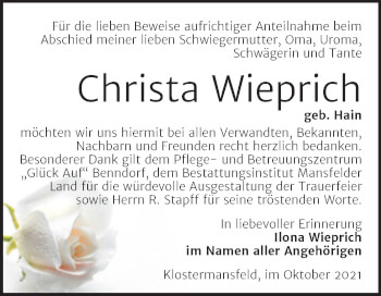 Traueranzeige von Christa Wieprich von Trauerkombi Mansfelder Land