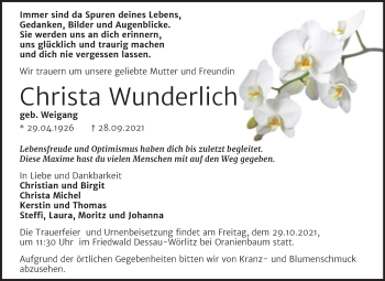 Traueranzeige von Christa Wunderlich von Trauerkombi Dessau