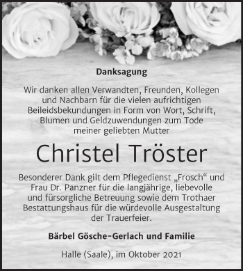 Traueranzeige von Christel Tröster von Mitteldeutsche Zeitung Halle/Saalkreis