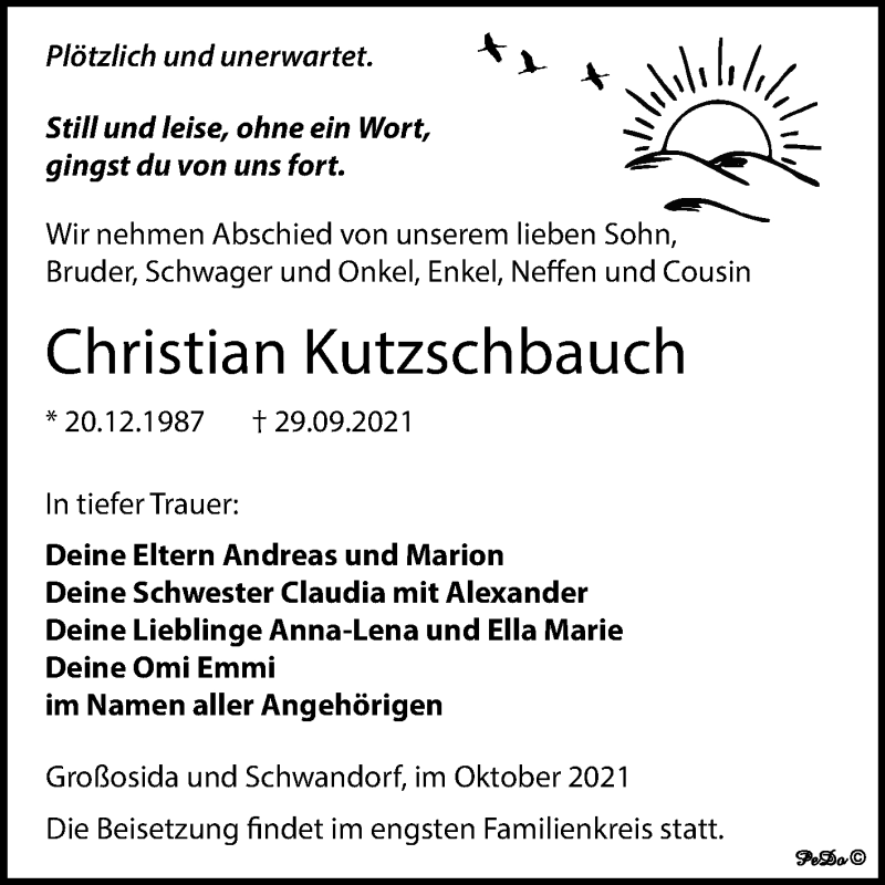  Traueranzeige für Christian Kutzschbauch vom 09.10.2021 aus Trauerkombi Zeitz