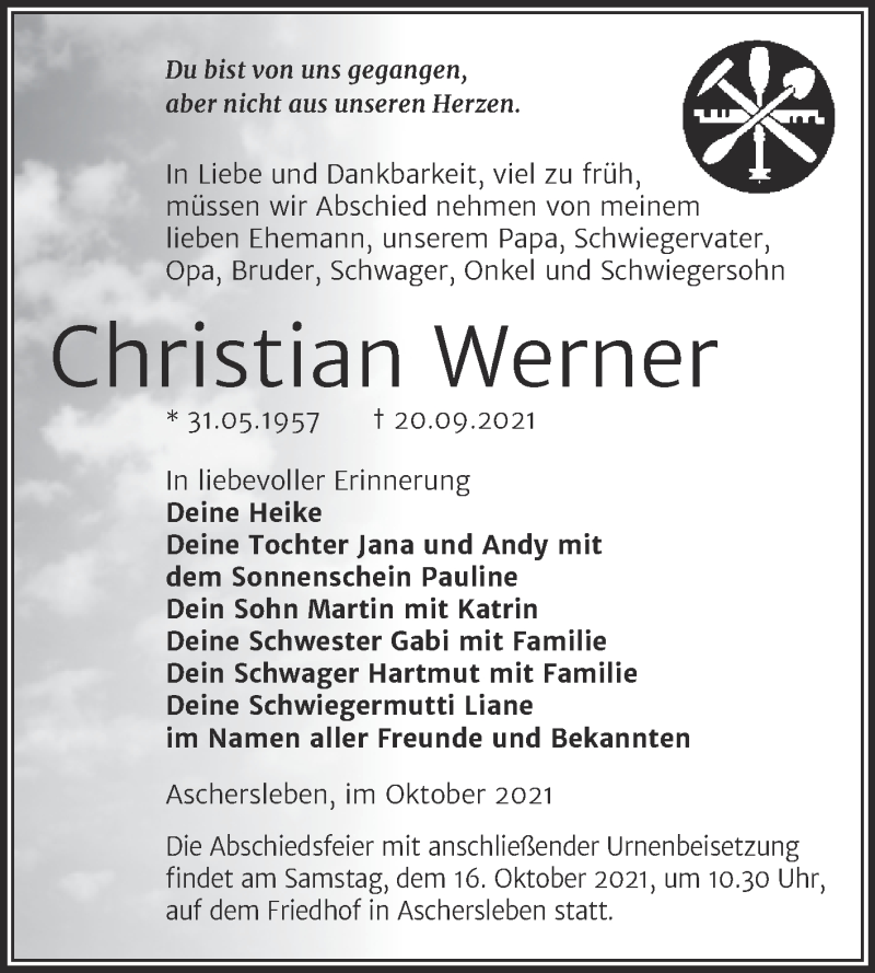  Traueranzeige für Christian Werner vom 02.10.2021 aus Trauerkombi Aschersleben