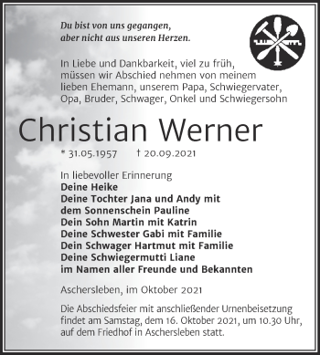 Traueranzeige von Christian Werner von Trauerkombi Aschersleben
