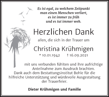 Traueranzeige von Christina Krühmigen von Trauerkombi Merseburg