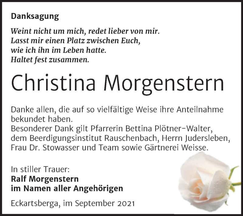  Traueranzeige für Christina Morgenstern vom 20.10.2021 aus Wochenspiegel Naumburg/Nebra