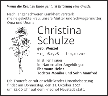 Traueranzeige von Christina Schulze von Mitteldeutsche Zeitung Halle/Saalkreis