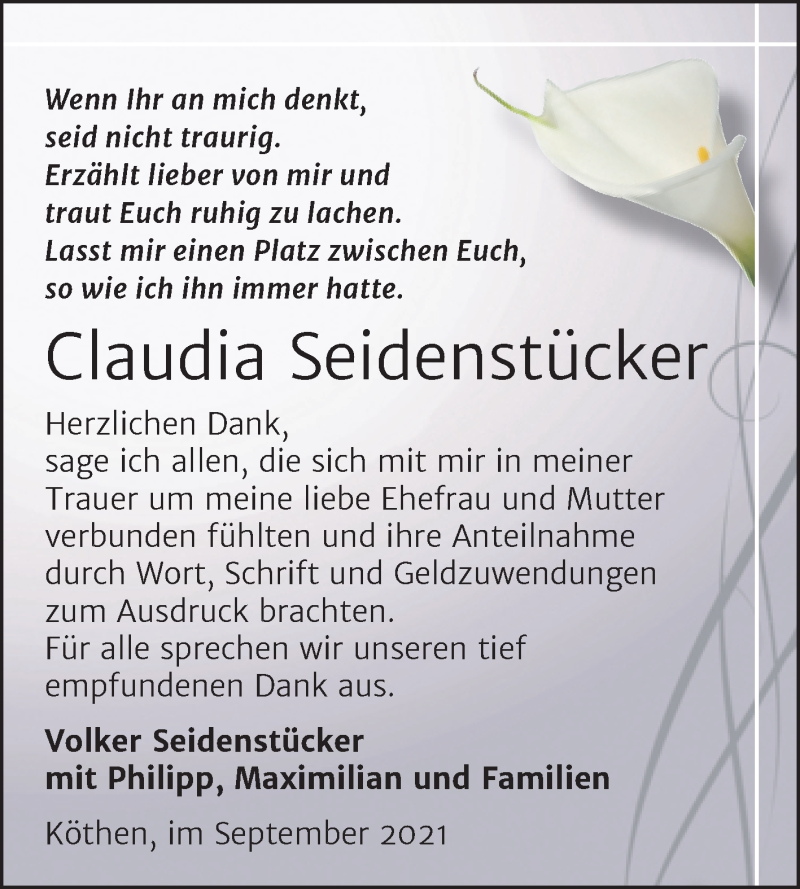  Traueranzeige für Claudia Seidenstücker vom 09.10.2021 aus Trauerkombi Köthen