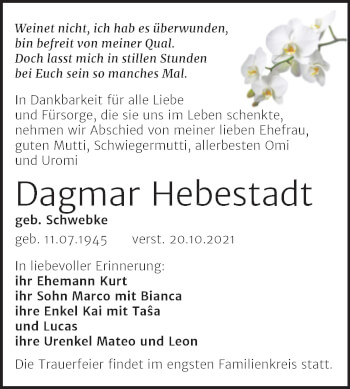 Traueranzeige von Dagmar Hebestadt von Trauerkombi Mansfelder Land
