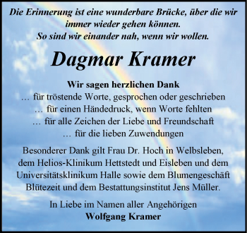Traueranzeige von Dagmar Kramer von Trauerkombi Aschersleben