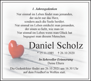 Traueranzeige von Daniel Scholz von Trauerkombi Bitterfeld