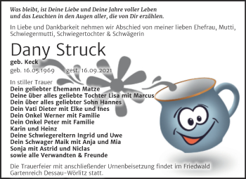 Traueranzeige von Dany Struck von Trauerkombi Wittenberg
