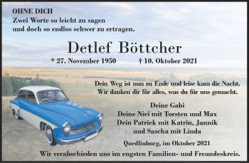 Traueranzeige von Detlef Böttcher von Trauerkombi Quedlinburg