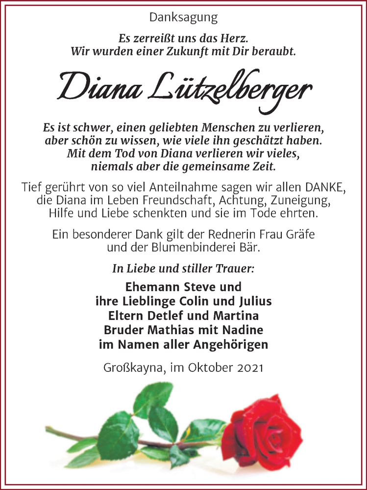  Traueranzeige für Diana Lützelberger vom 30.10.2021 aus Trauerkombi Merseburg