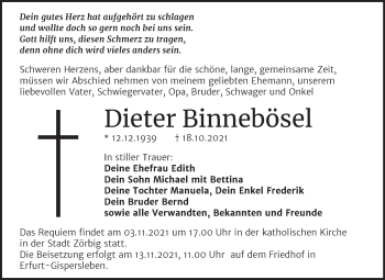 Traueranzeige von Dieter Binnebösel von Trauerkombi Bitterfeld