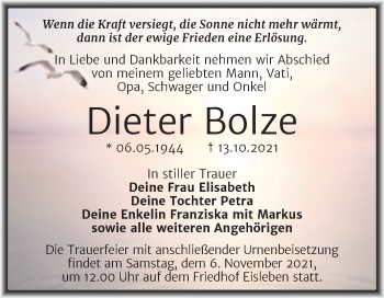 Traueranzeige von Dieter Bolze von Trauerkombi Mansfelder Land