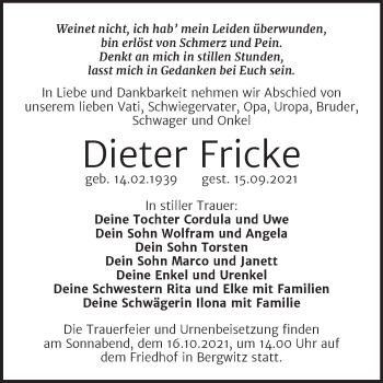 Traueranzeige von Dieter Fricke von Trauerkombi Wittenberg