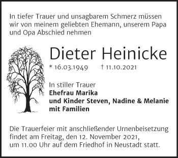 Traueranzeige von Dieter Heinicke von Mitteldeutsche Zeitung Halle/Saalkreis