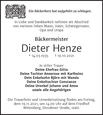 Traueranzeige von Dieter Henze von Trauerkombi Wittenberg