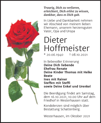 Traueranzeige von Dieter Hoffmeister von Mitteldeutsche Zeitung Quedlingburg