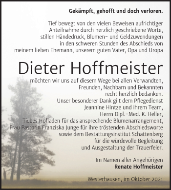 Traueranzeige von Dieter Hoffmeister von Super Sonntag Quedlingburg