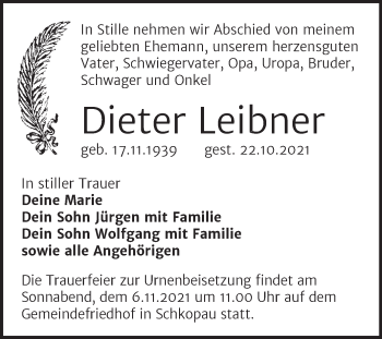Traueranzeige von Dieter Leibner von Trauerkombi Merseburg