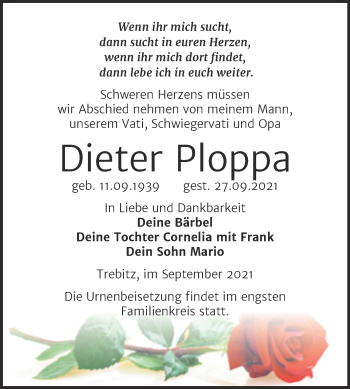 Traueranzeige von Dieter Ploppa von Trauerkombi Wittenberg
