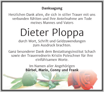 Traueranzeige von Dieter Ploppa von Trauerkombi Wittenberg