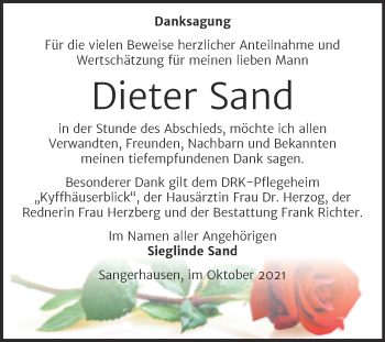 Traueranzeige von Dieter Sand von Trauerkombi Sangerhausen