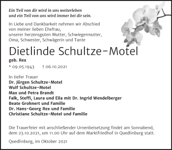 Traueranzeige von Dietlinde Schultze-Motel von Trauerkombi Quedlinburg