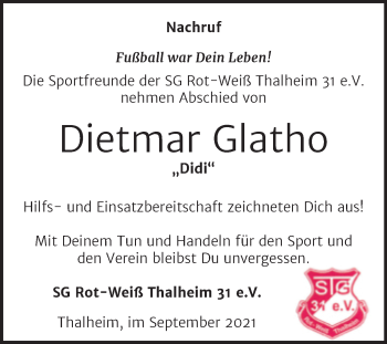 Traueranzeige von Dietmar Glatho von Wochenspiegel Bitterfeld