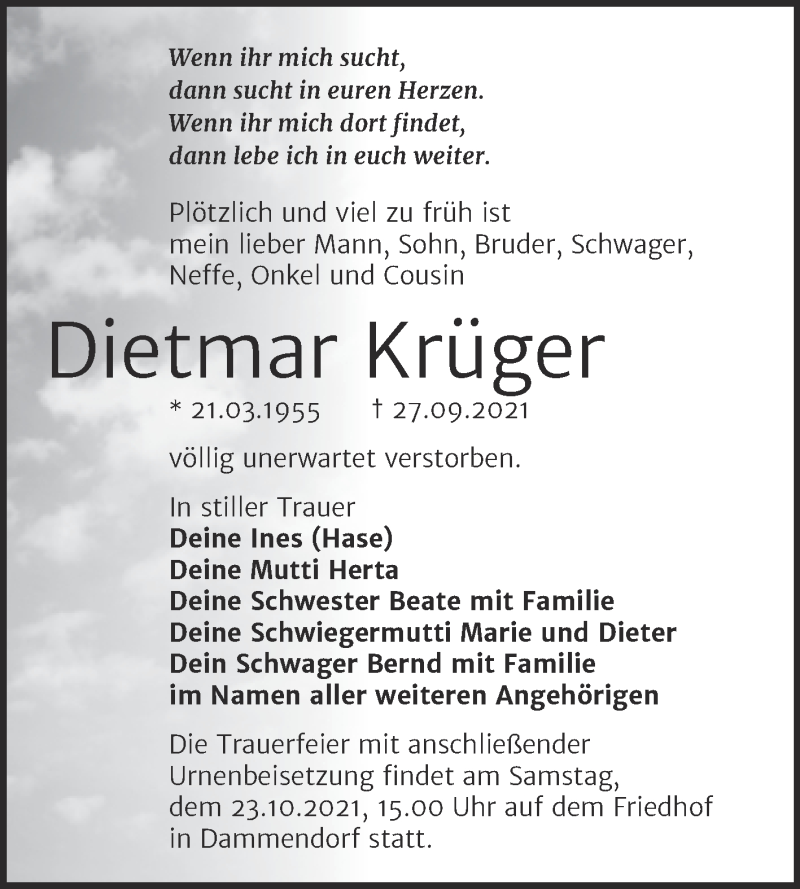  Traueranzeige für Dietmar Krüger vom 09.10.2021 aus Trauerkombi Bitterfeld