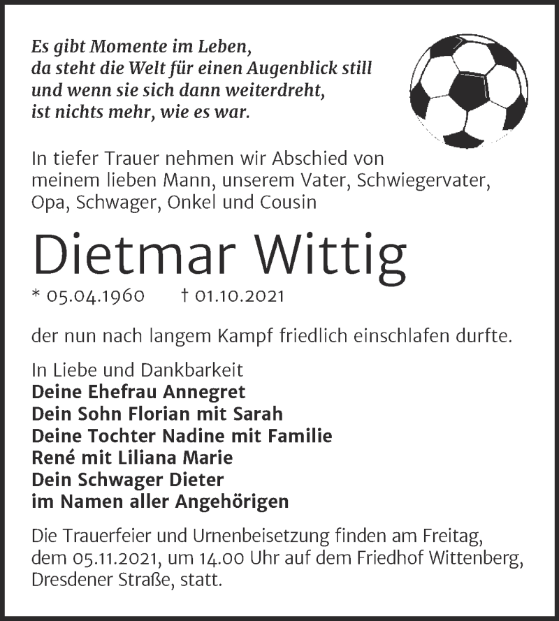  Traueranzeige für Dietmar Wittig vom 09.10.2021 aus Trauerkombi Wittenberg