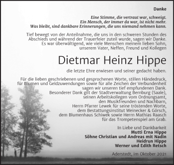 Traueranzeige von Dietmar Heinz Hippe von Trauerkombi Bernburg
