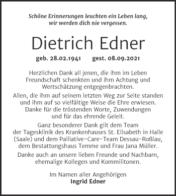 Traueranzeige von Dietrich Edner von Trauerkombi Bitterfeld