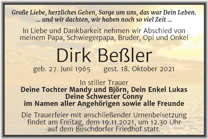  Traueranzeige für Dirk Beßler vom 30.10.2021 aus Mitteldeutsche Zeitung Halle/Saalkreis