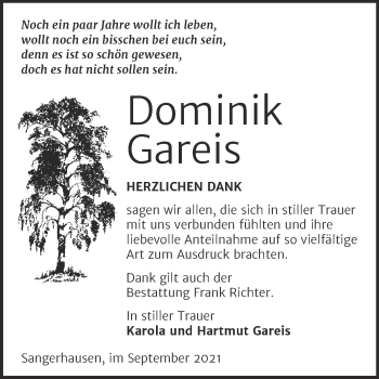Traueranzeige von Dominik Gareis von Trauerkombi Sangerhausen