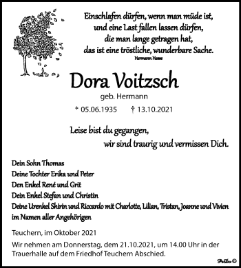 Traueranzeige von Dora Voitzsch von Trauerkombi Weißenfels