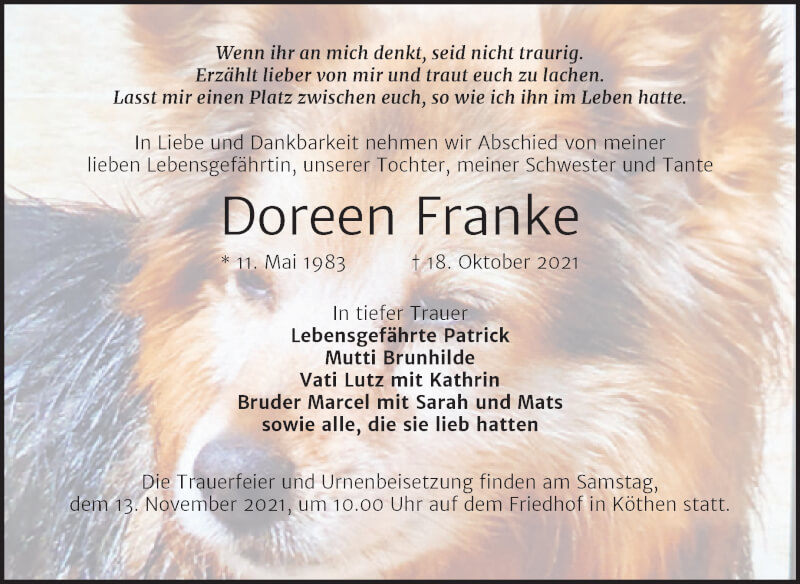  Traueranzeige für Doreen Franke vom 23.10.2021 aus Trauerkombi Köthen