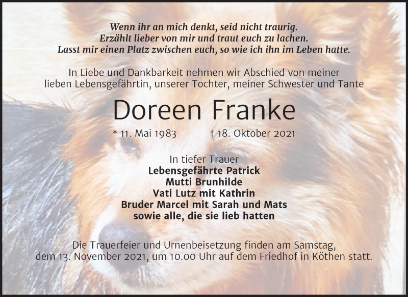  Traueranzeige für Doreen Franke vom 22.10.2021 aus Trauerkombi Köthen