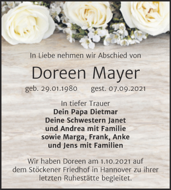 Traueranzeige von Doreen Mayer von Trauerkombi Mansfelder Land