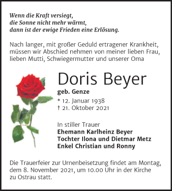Traueranzeige von Doris Beyer von Trauerkombi Zeitz