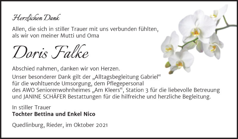  Traueranzeige für Doris Falke vom 09.10.2021 aus Trauerkombi Quedlinburg
