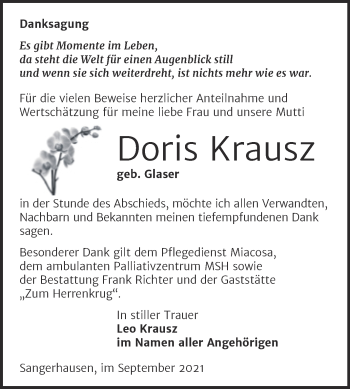 Traueranzeige von Doris Krausz von Trauerkombi Sangerhausen