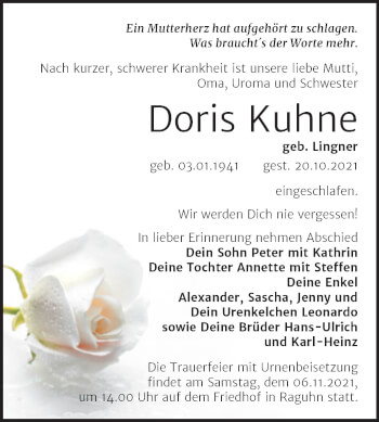 Traueranzeige von Doris Kuhne von Trauerkombi Bitterfeld